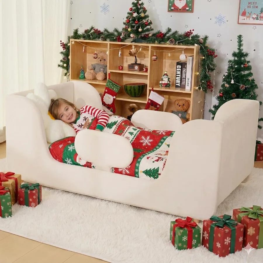 Toddler Bed - Floor Bed Frame with Removable Guard Rails for Ages 2-7 Standard Crib Size Wooden Design Natural Finish Sa