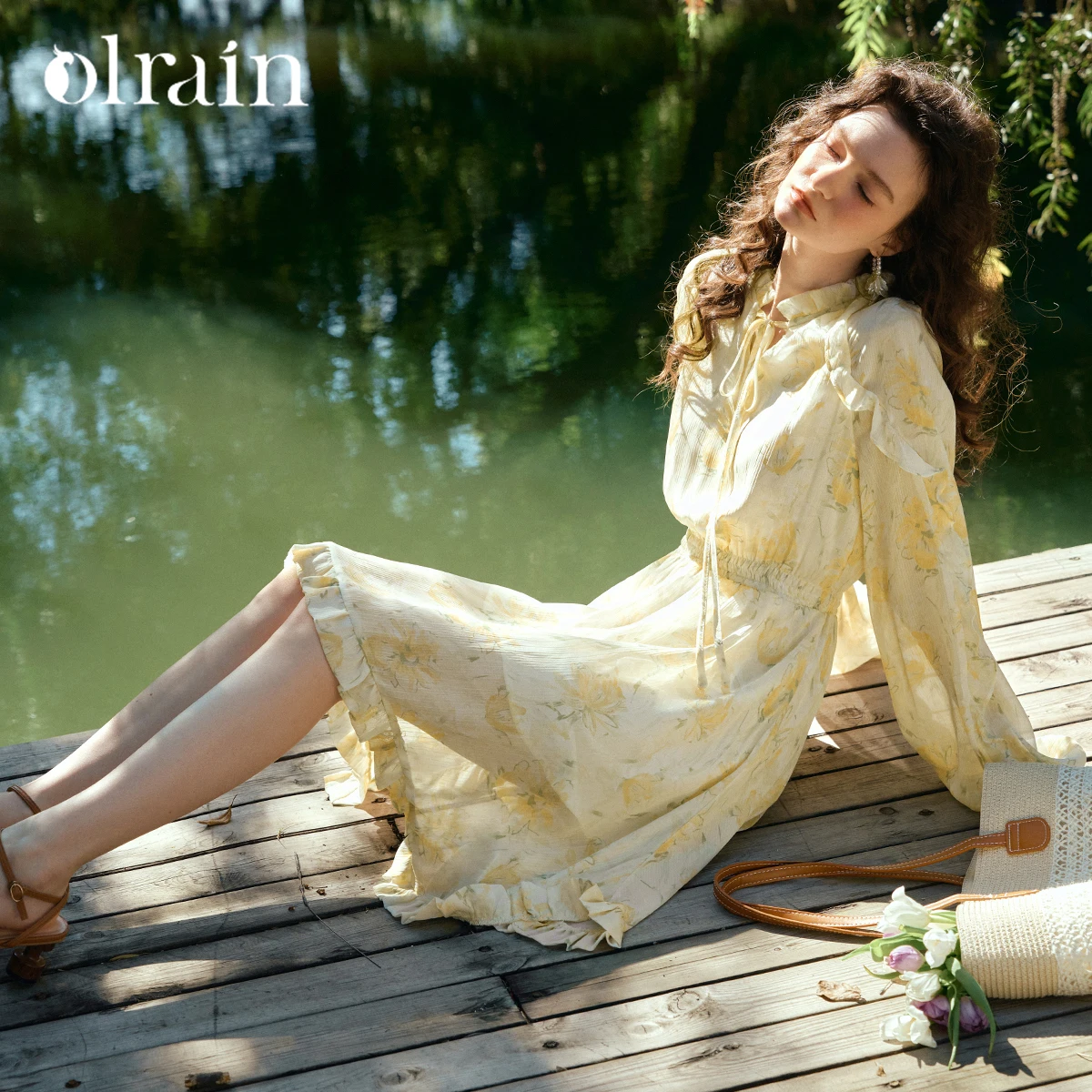 

OLrain Women French Yellow Floral Chiffon Dress Spring 2026 New Lace Up Long Sleeve Irregular Hem Vacation Dress O58CL003501