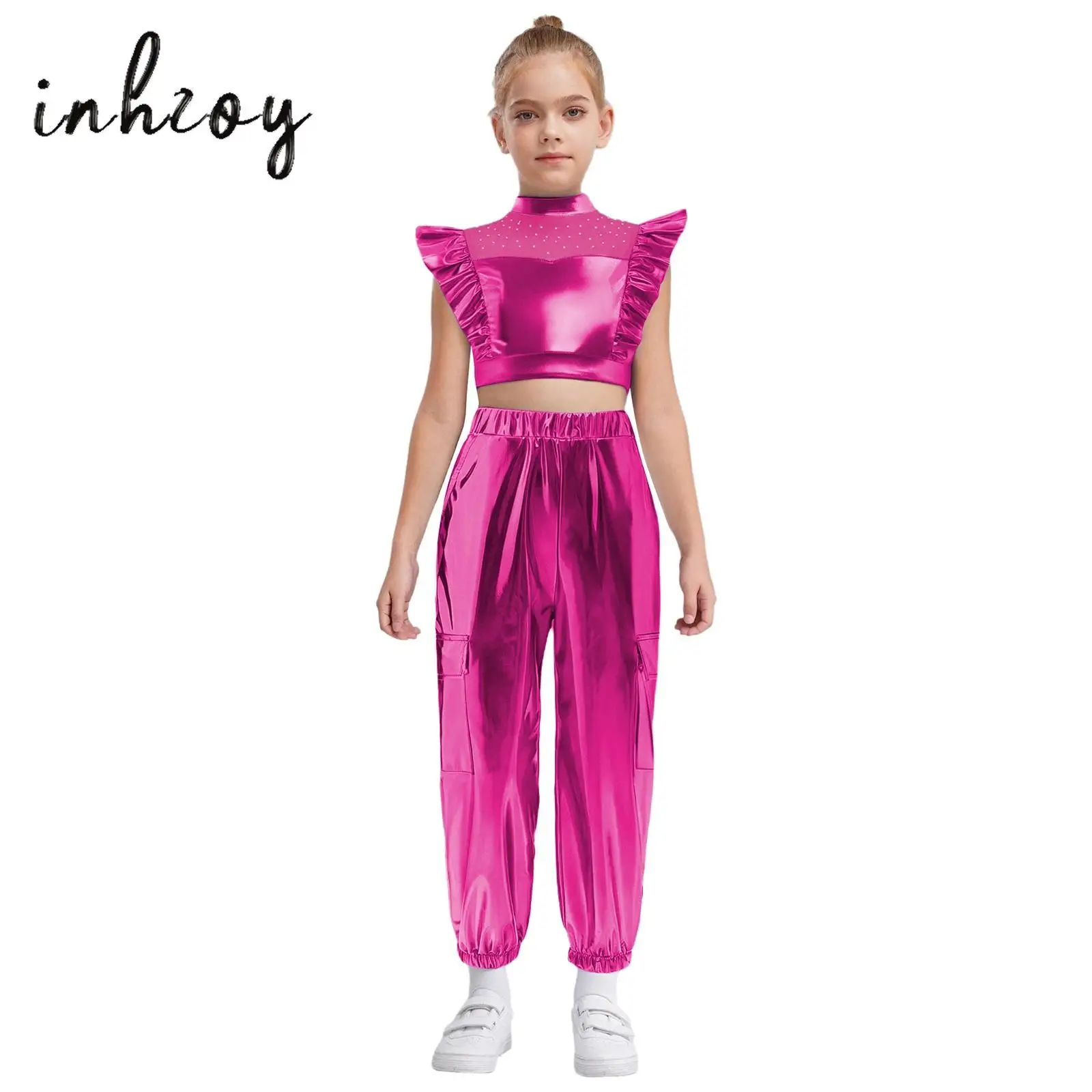 

Kids Girls Hip-Hop Jazz Dance Costume Mock Neck Metallic Shiny Rhinestone Mesh Sleeveless Crop Top with Pants Disco Dancewear