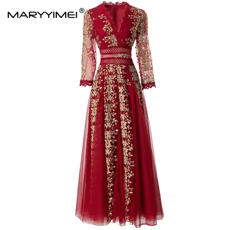 

MARYYIMEI Fashion Designer Summer Women's V-Neck Mesh Long Sleeve Flower Embroidery Hollow Out Party Dresses