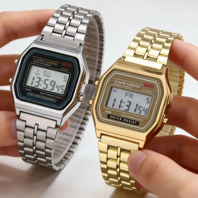 Fashion Metal Digital Watch for Men Women Luxury LED Stainless Steel Gold Silver Electronic Business Watch Trendy Wristwatch