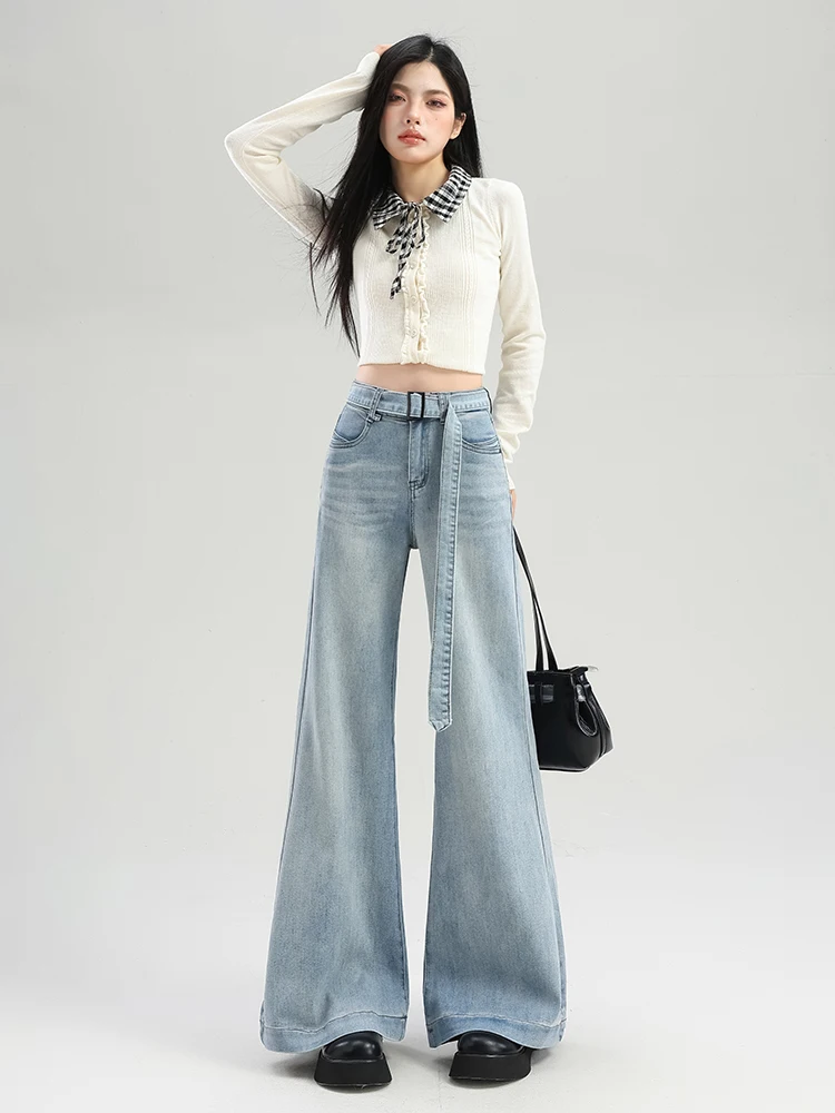 

American Retro Light Blue Bell Bottom Jeans Women's New 2026 Slim High Waist Loose Casual Micro Flare Pants Casual Style