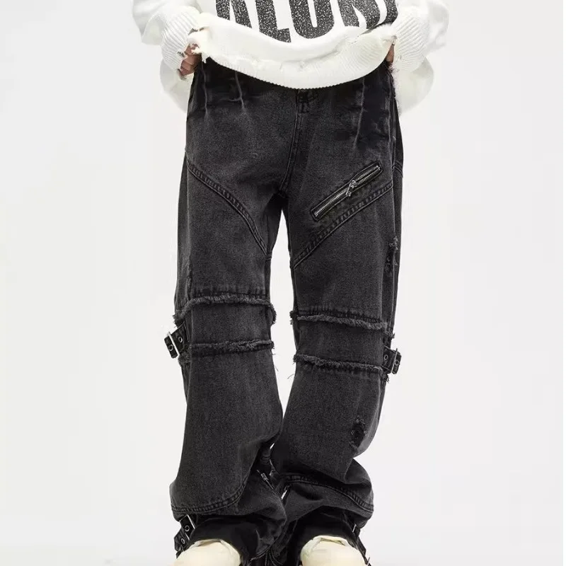 

Винтажные повседневные потертые джинсы-карго для мужчин, прямые брюки в стиле хип-хоп, свободные брюки, мужские широкие джинсовые брюки