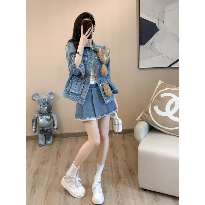 2025 Spring and Autumn New Women's Clothing Cute Design Korean Style Cartoon Bear Blue Casual Daily Denim Jacket
