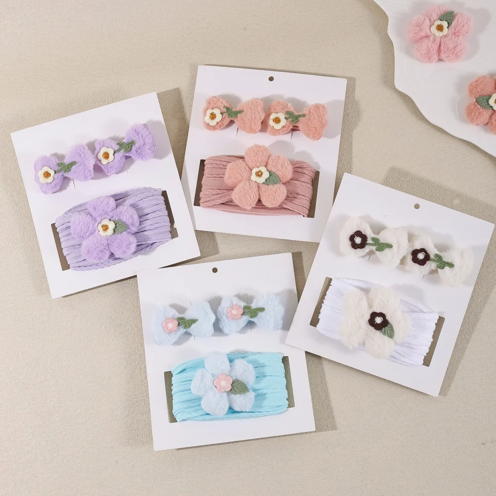 3Pcs/Set Plush Flower Bow Toddler Hair Accessories Soft Elastic Headband for Newborns Cute Handmade Baby Girl Hair Clips