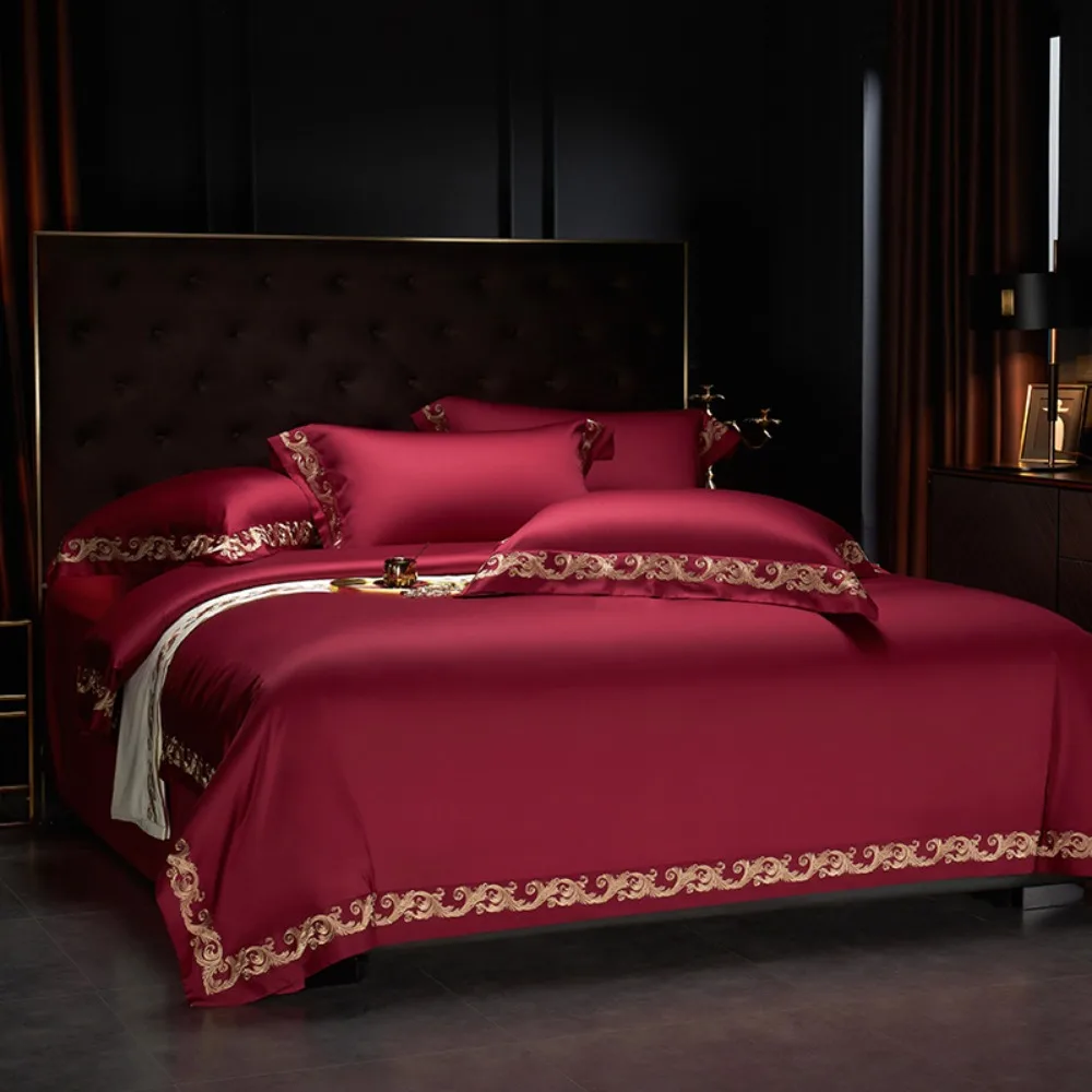 Luxury Gold Embroidery Bedding Set 1400TC Egyptian Cotton Soft Silky Queen King Duvet Cover Set With Sheet Pillowcases Bed Set