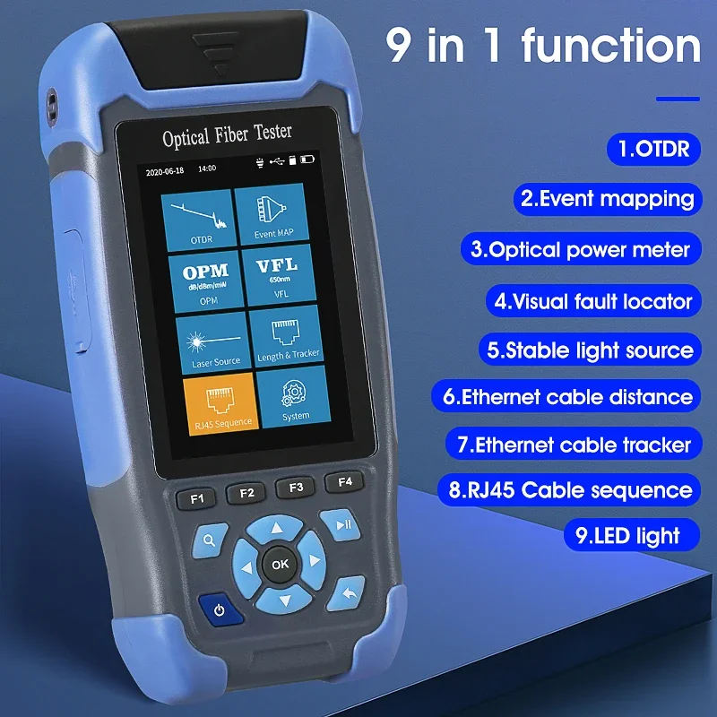 Mini OTDR Fiber Optic Reflectometer AUA-900D with 9 Functions VFL OLS OPM Event Map 24dB for 64km Event Map Ethernet CableTester