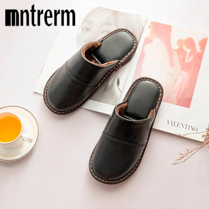 Mntrerm Winter shoes Non-slip wear-resistant tendon bottom leather slippers factory wholesale home warm leather slippers for men