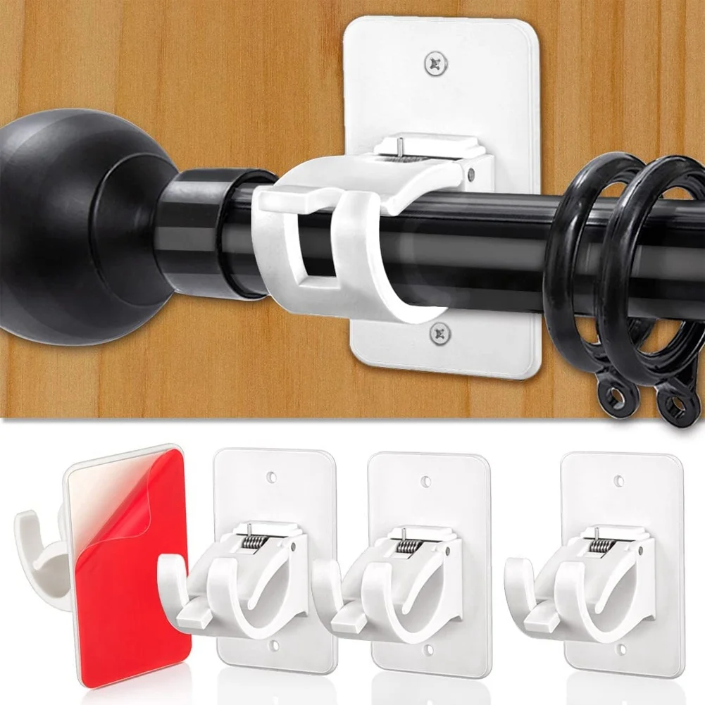 Curtain Rod Bracket Holder 4 PCS Self Adhesive Crossbar Hook No Drill Rods Hanger Wall Mount Hooks Drapery Pole