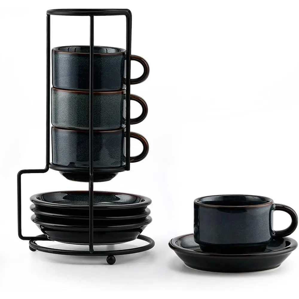 

Набор из 4 штабелируемых фарфоровых чашек с блюдцами и металлической подставкой, 4 унции, для элитного кофе и чая, зеленый и синий цвета