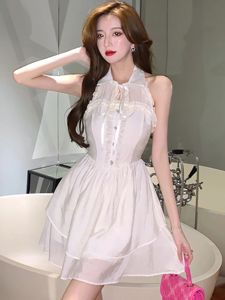 

Women Fashion Patchwork Chic Ruffled Casual Short Dress Summer Sleeveless Polo Collar Dress 2025 Korean Elegant Bodycon Vestidos