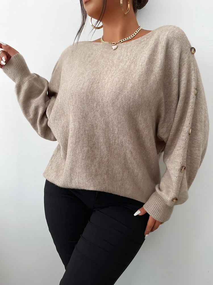 ONELINK Autumn Winter Knitted Tan Khaki Plus Size Pullovers Sweater For Women Casual Hollow Buttons Up Loose Long Sleeves Tops