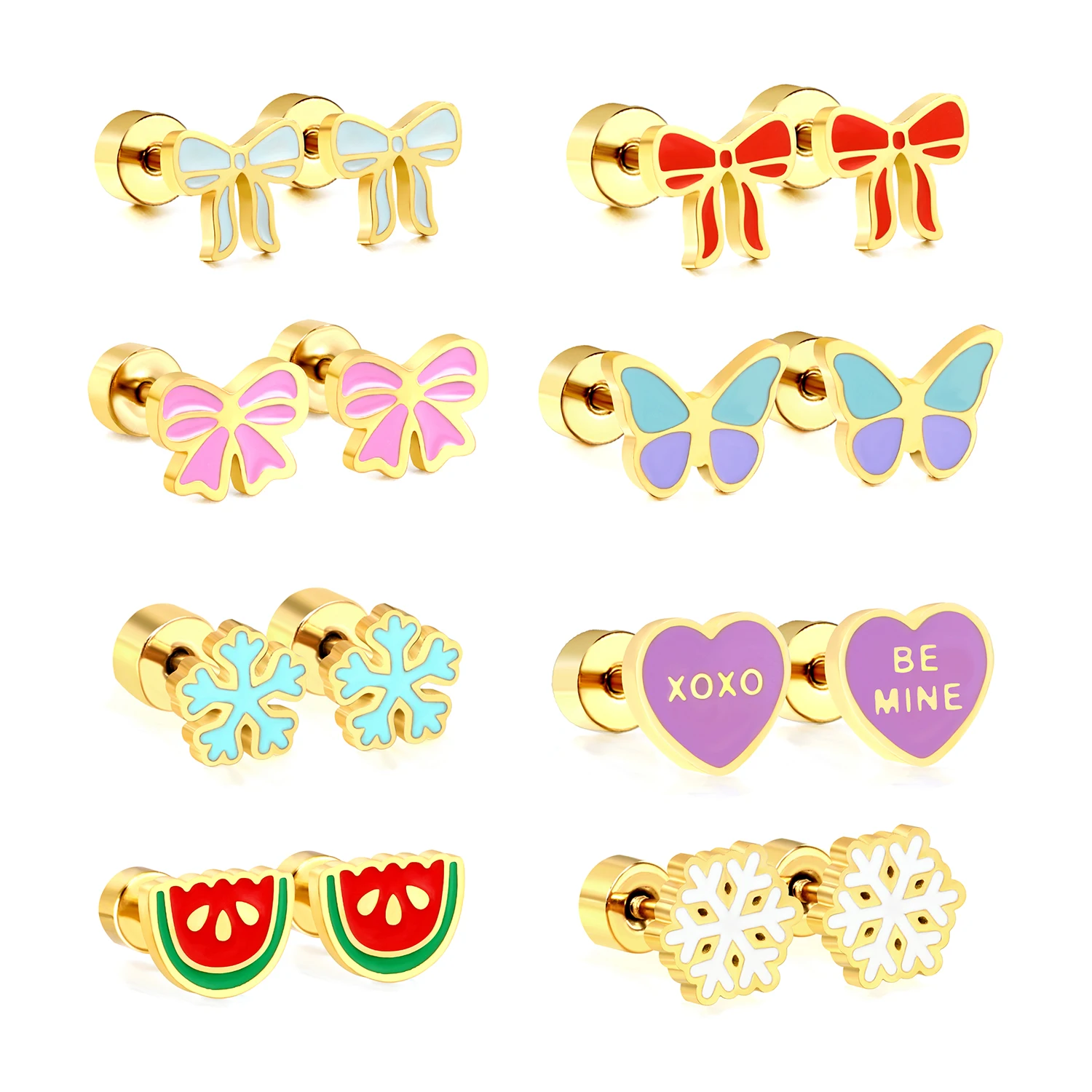LUXUSTEEL Damen Edelstahl Ohrstecker Niedliches Öltropfen-Schleifen-Wassermelonen-Schneeflocken-Design Einfacher Modischer Schmuck