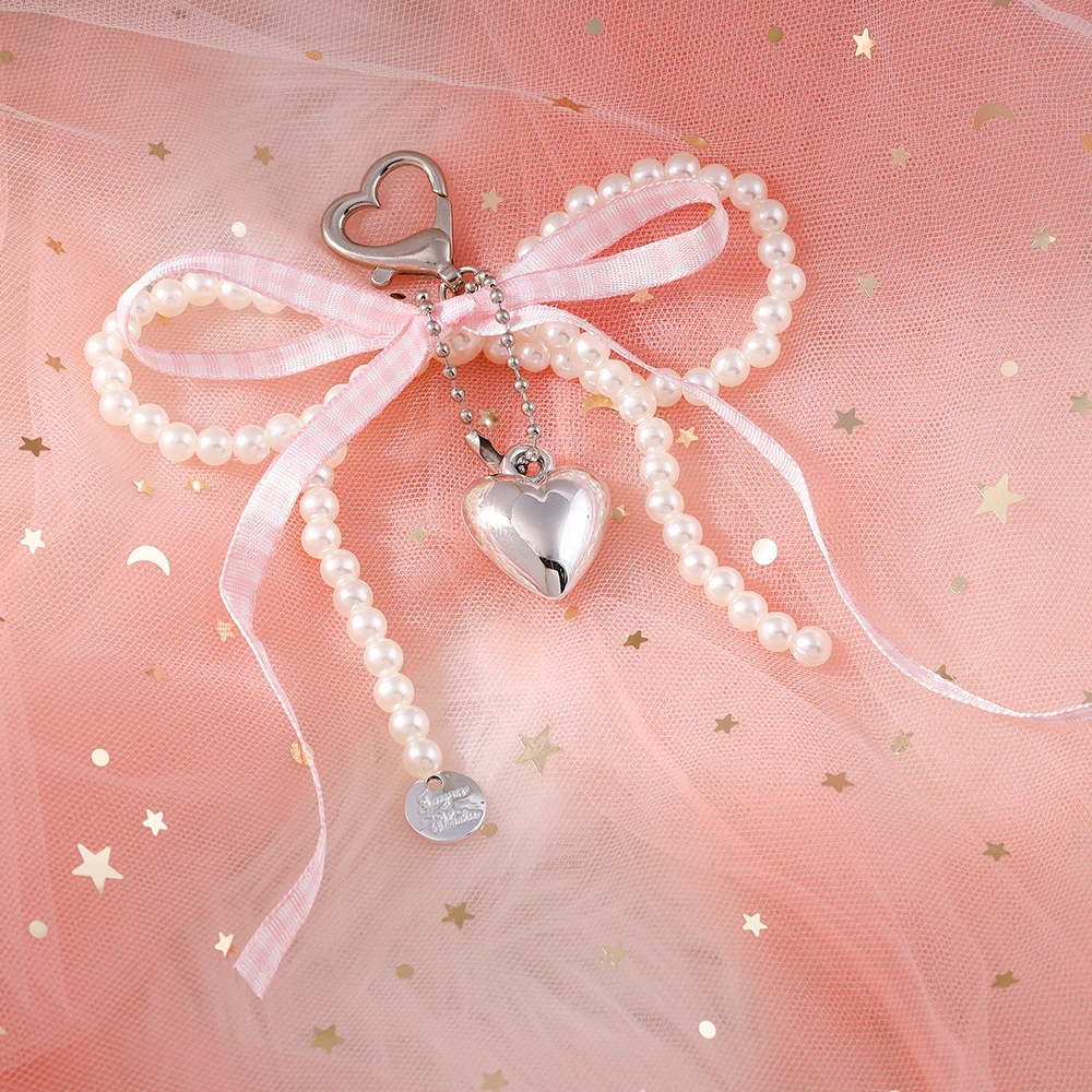 Aihua Y2K Gitterband-Schleife Perlen-Schlüsselanhänger Herz-Charm Schlüsselanhänger Taschenanhänger Eleganter Schmuck Geschenke – Detail 5