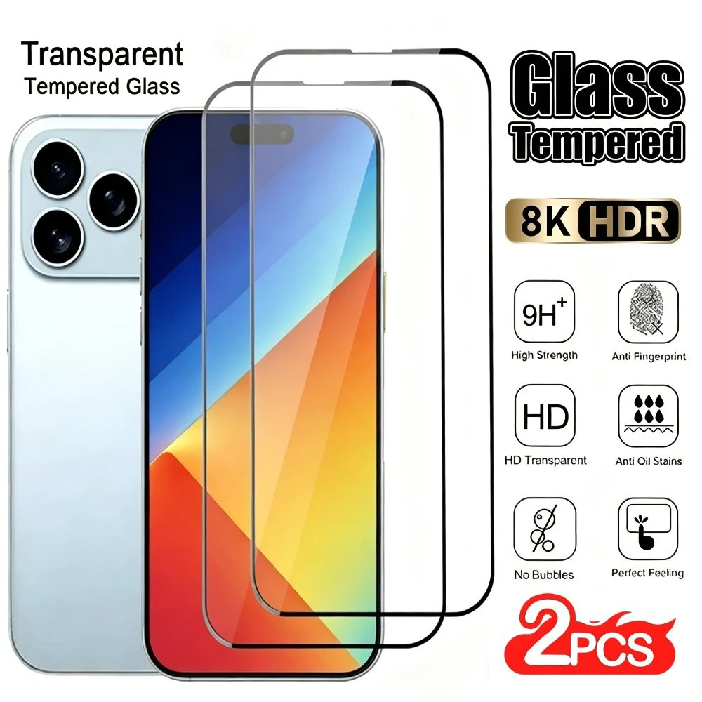 

2Pcs Full Cover Screen Protector for iPhone 17 16 15 14 Pro Max Air 17e 16e Tempered Glass for iPhone 15 14 Plus 13 12 11 Pro