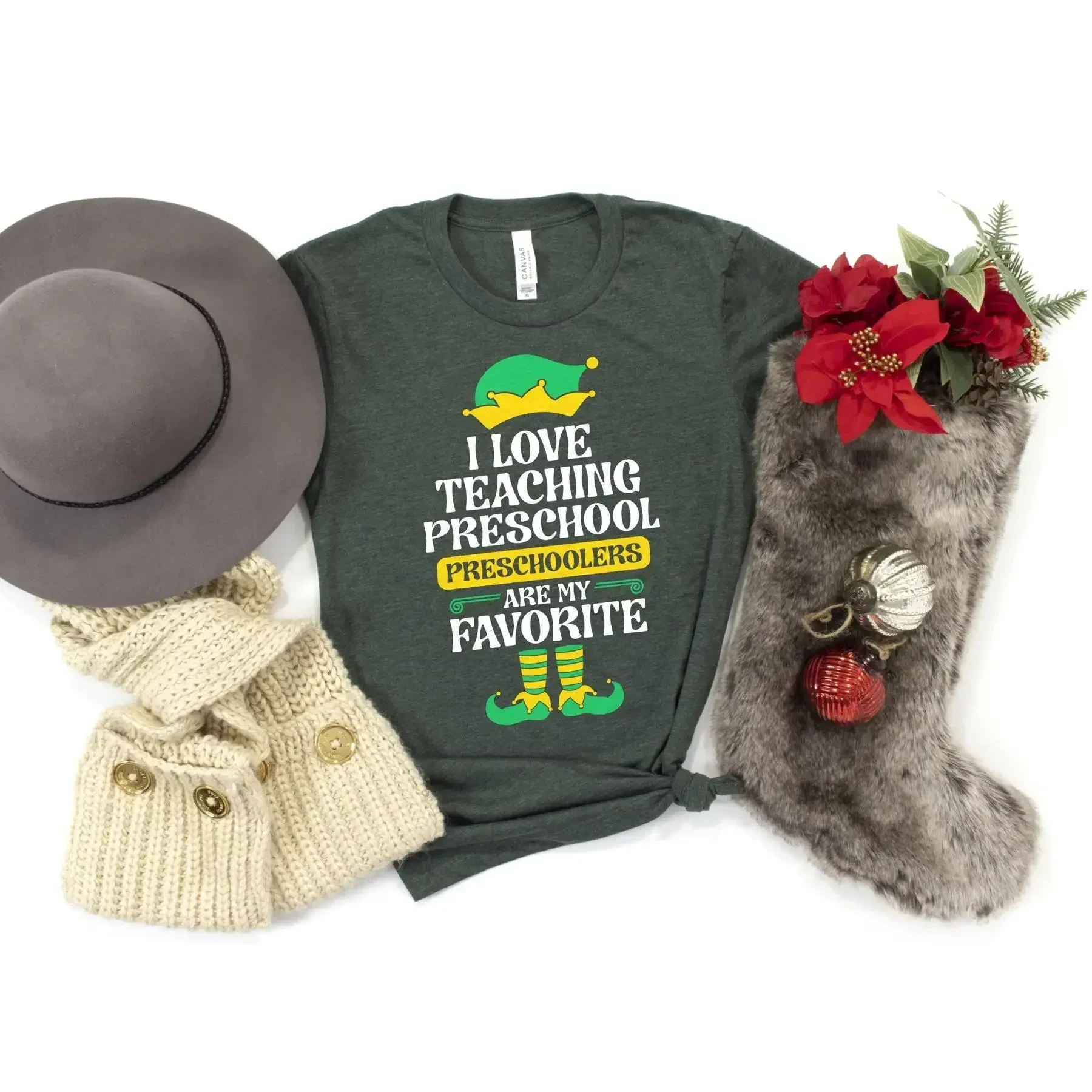 I Love Teaching Preschool Preschoolers Are My Favorite T Shirt Team Matching Teacher Christmas Elf