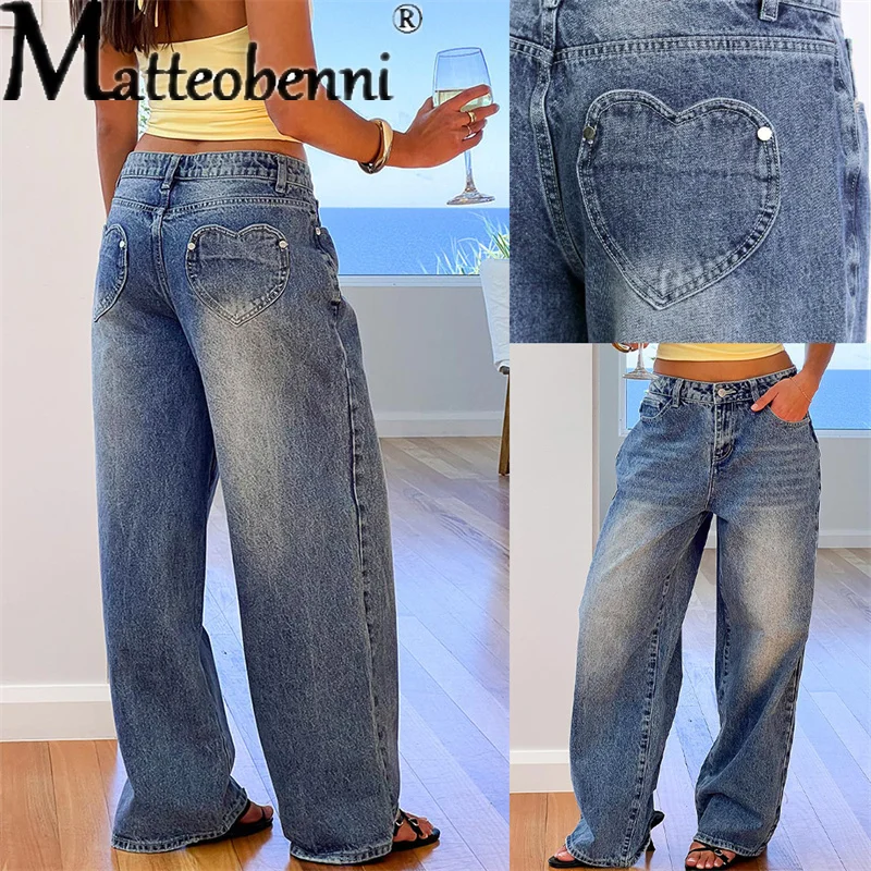 

Vintage Women's Y2k Wide Leg Straight Jeans Stylish Love Denim Pants New Four Seasons Casual Straight Washed Jeans Streetwear