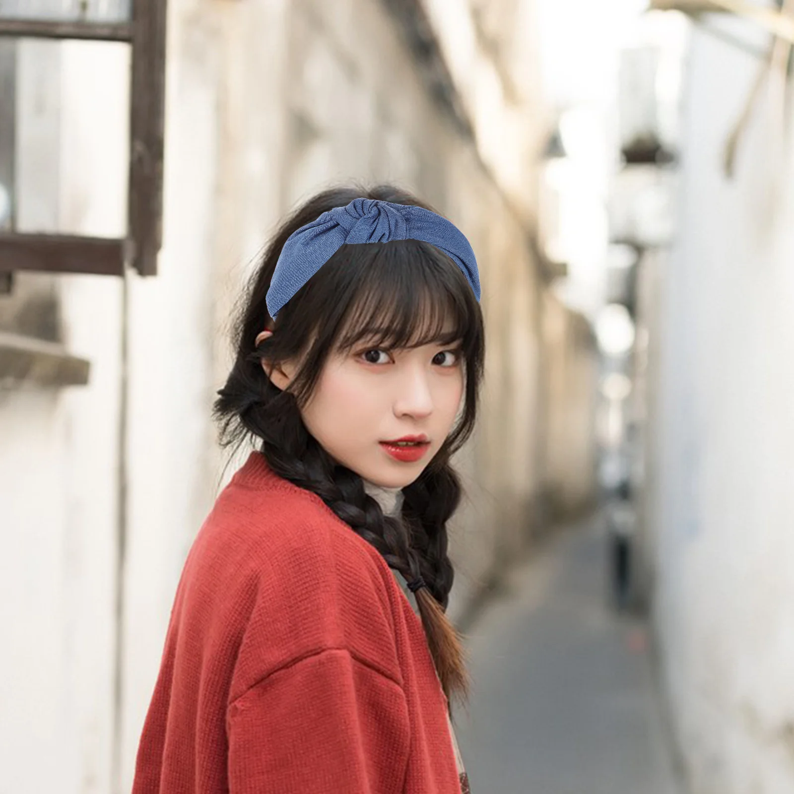 

Blue Denim Knotted Headband Wide Jean Top Knot Non Slip Elastic Hair Accessory for Women Stylish Hairbands