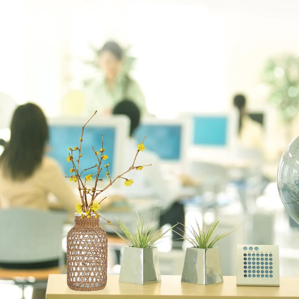 

Compact Woven Glass Dried Flower Vase Straw Crafted Rustic Design Home Office Table Centerpiece Decorative Piece