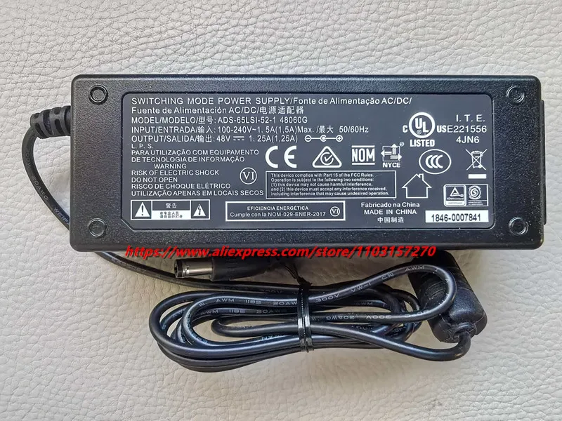 Genuine ADS-65LSI-52-1 48060G HOIOTO AC Adapter 48V 1.25A Switching Model Power Supply for Unifi Ubiquiti US-8-60W 5.5x2.1mm