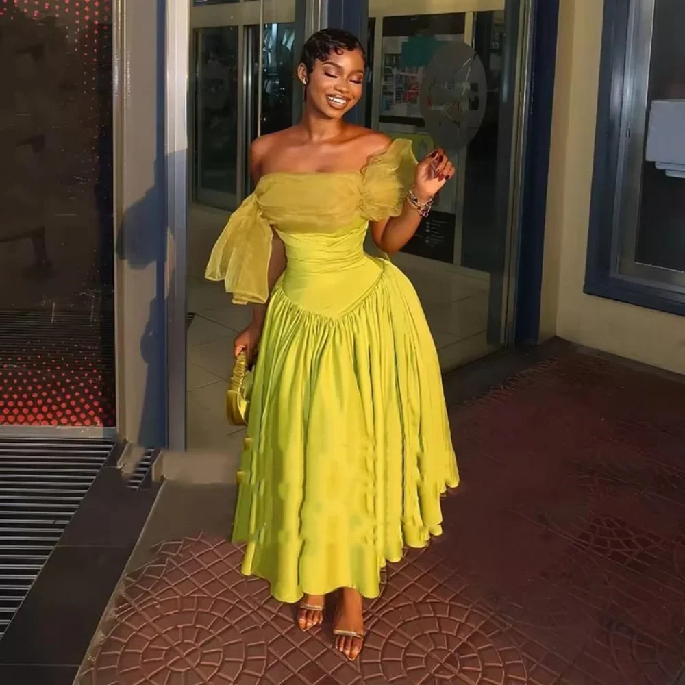 Lichtgroen A-lijn Galajurken Uit De Schouder Plooien Mouwloos Satijn Feestjurken Enkellange Avondjurk Op Maat