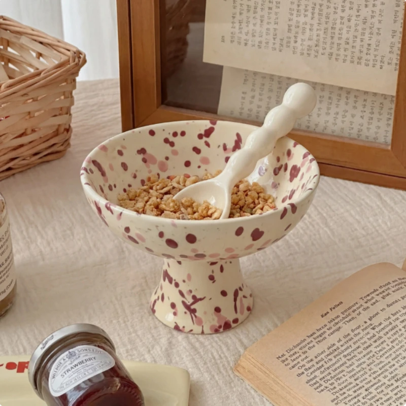 2pcs Splash Ink Dot Microwave Safe for Rice Noodle Cereal Ice Cream Yogurt Fruit 4.5 Inch Korean Retro High-footed Ceramic Bowls