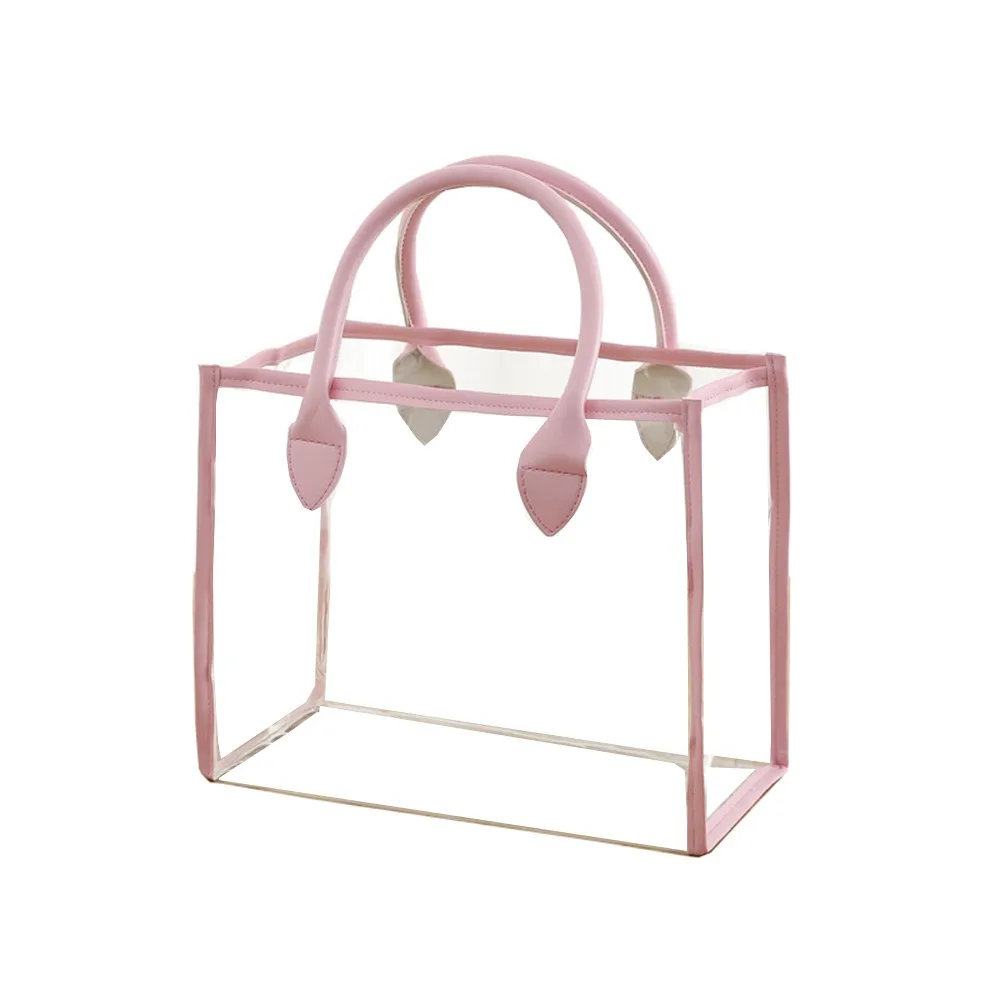 

Waterproof Transparent Gift Bag Large Capacity Lightweight Handhold Packaging Tote Reusable with PU Handle Clear PVC Handbag