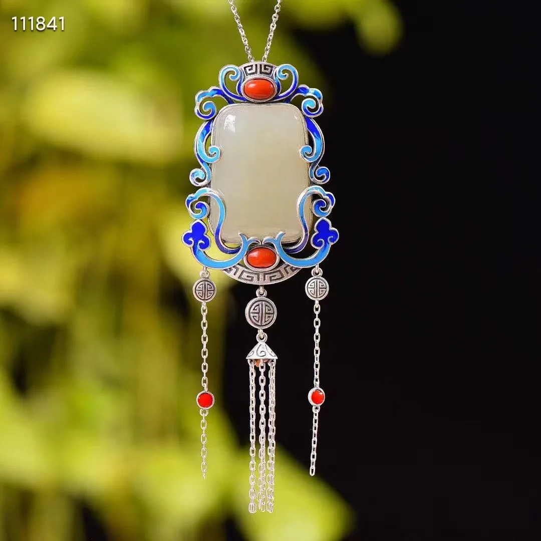 

Natural 100% real Sterling Silver necklace mosaic hetian jade time-honored methods pendant jewellery for woman gifts Bless peace