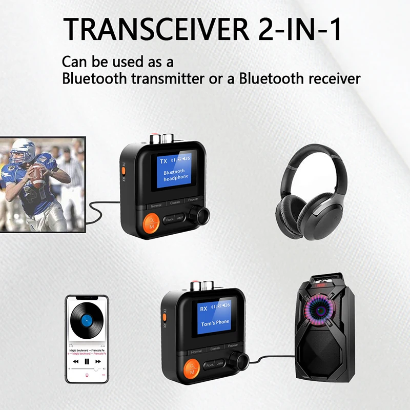 Receptor transmisor inalámbrico con Bluetooth, Adaptador de Audio con 5 modos EQ, 3,5 MM, AUX, RCA, TF, pantalla HD, para PC, TV, altavoces de coche, 2 en 1