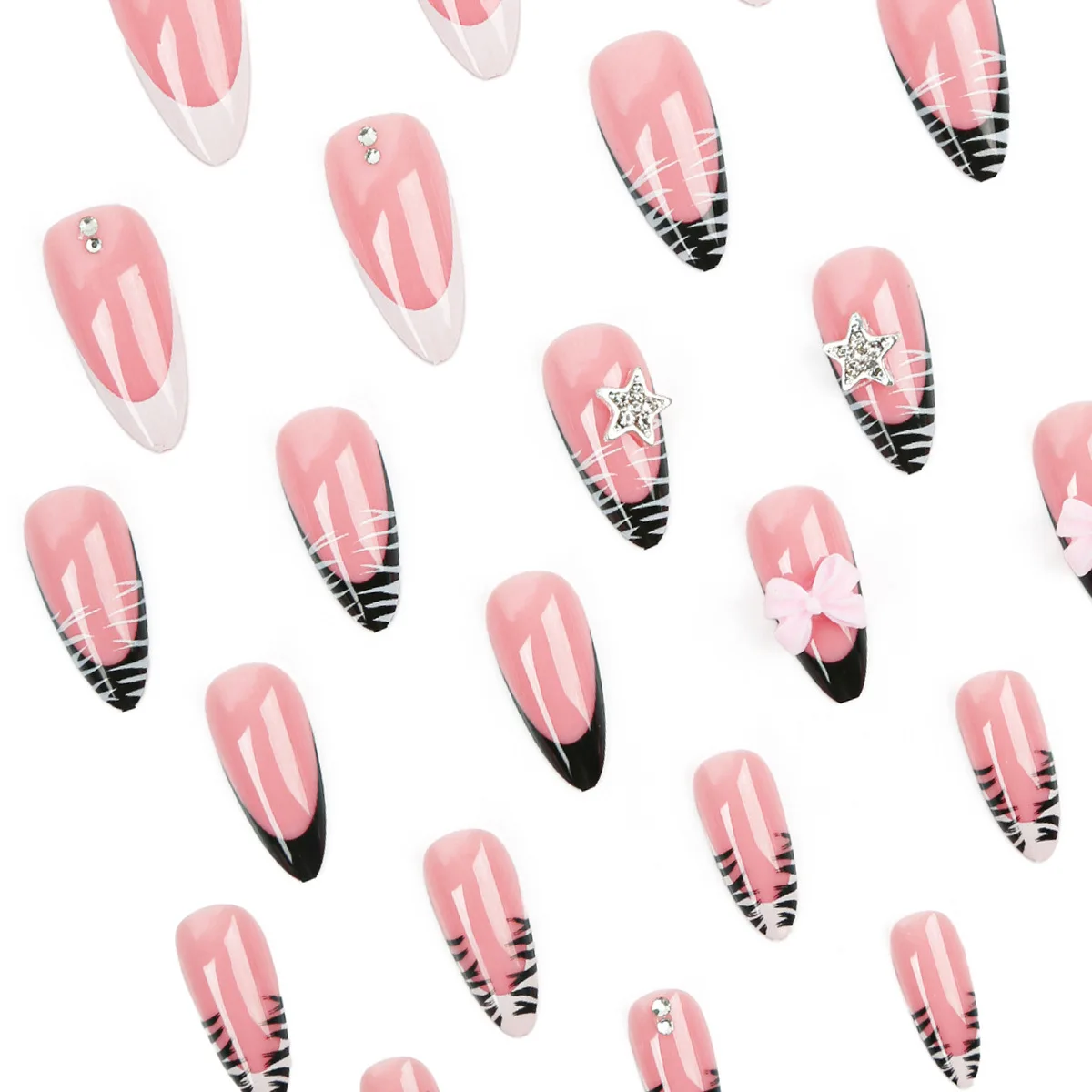 24 pz Y2k Zebra-stampato Stile Francese Unghie Finte Bordo Bianco Stella di Metallo Rosa Bowknots Presse sulle Unghie Dolce Fresco Mandorla Unghie Finte