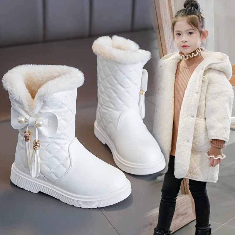 

27 36 Fashion Bow Warm Plush Girl Boots for Children's Snow Boots Child Girl Winter Leather Shoes Big Kid Winter Boots Non-slip