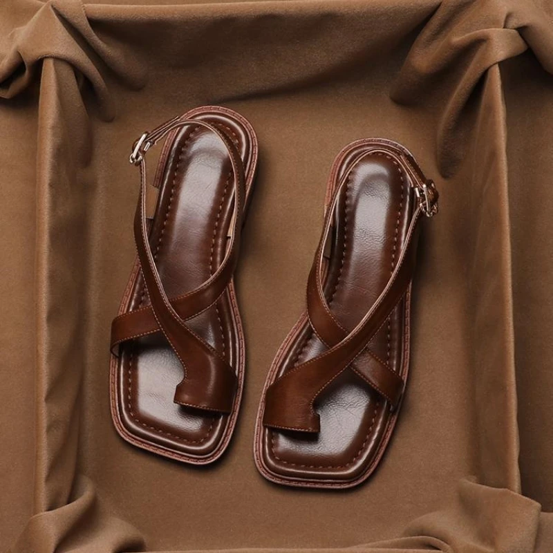 Women's Sandals Retro French Style Clip Toe Square Toe Buckle 2026 Sandals Comfortable Soft Sole Simple Versatile Sandalias