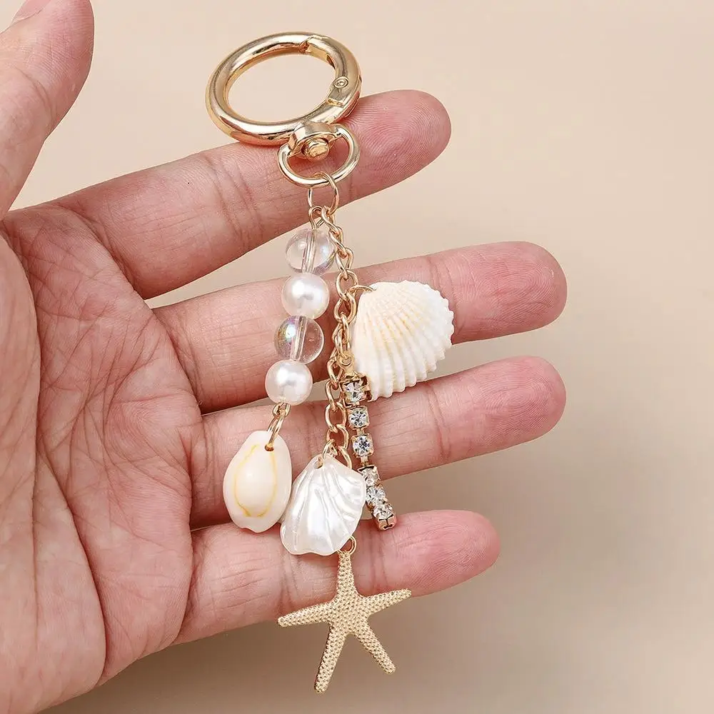 Fashion Gold Color Cute Starfish Imitation Pearls Conch Shell Keychain Key Rings For Men Women Handbag Pendants DIY Jewelry Gift