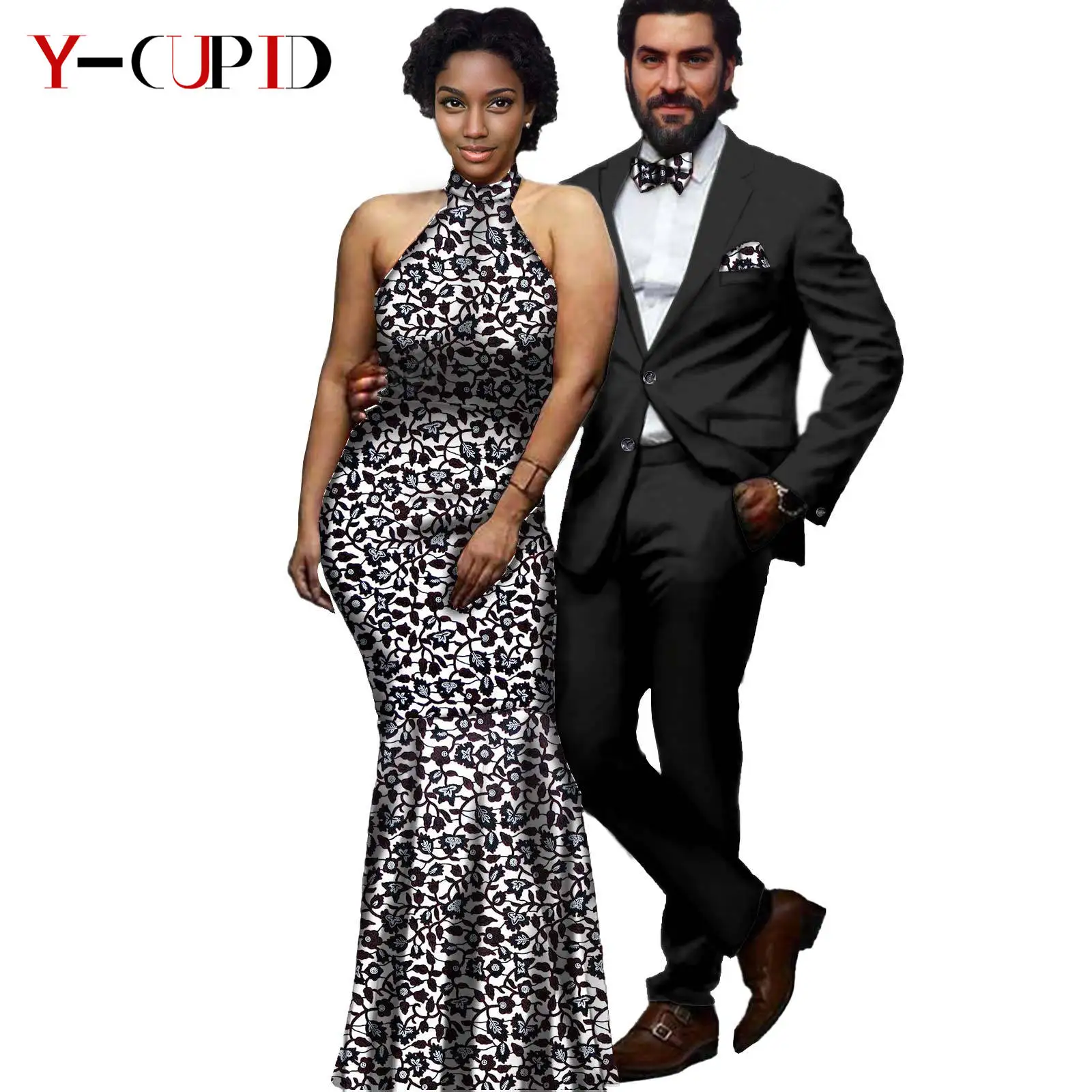 African Print Long Dresses for Women Matching Men Outfits Blazer Suits Jackets and Pants Sets Couples Clothes Wedding Y21C012