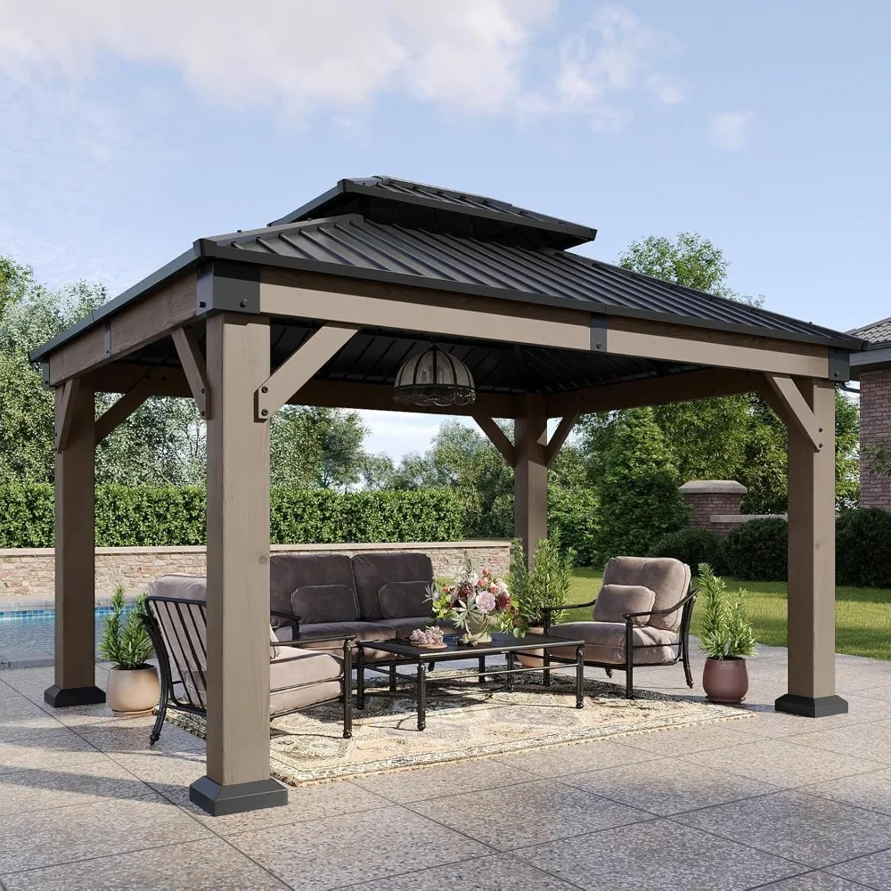 10' x 12' Outdoor Wooden Gazebo, Hardtop Gazebo with Galvanized Steel Double Roof for Deck, Garden, Cedarwood