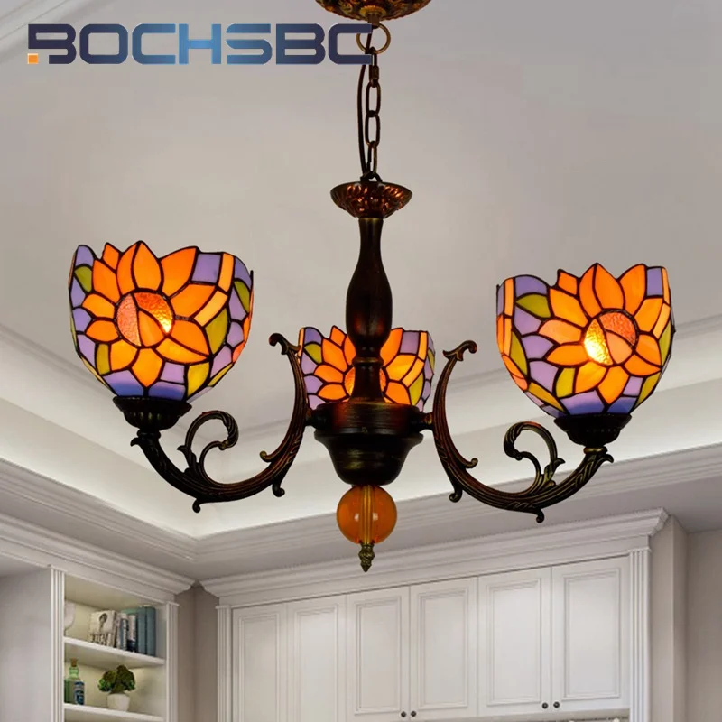 BOCHSBC Tiffany stained glass blue background sunflower triple chandelier Retro Garden bar restaurant aisle decor Pendant lamp