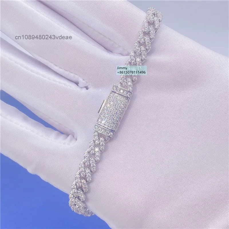 

6mm Moissanite Hip Hop Iced Jewelry 925 Sterling Silver Prong Setting VVS Moissanite Cuban Link Chain Bracelet