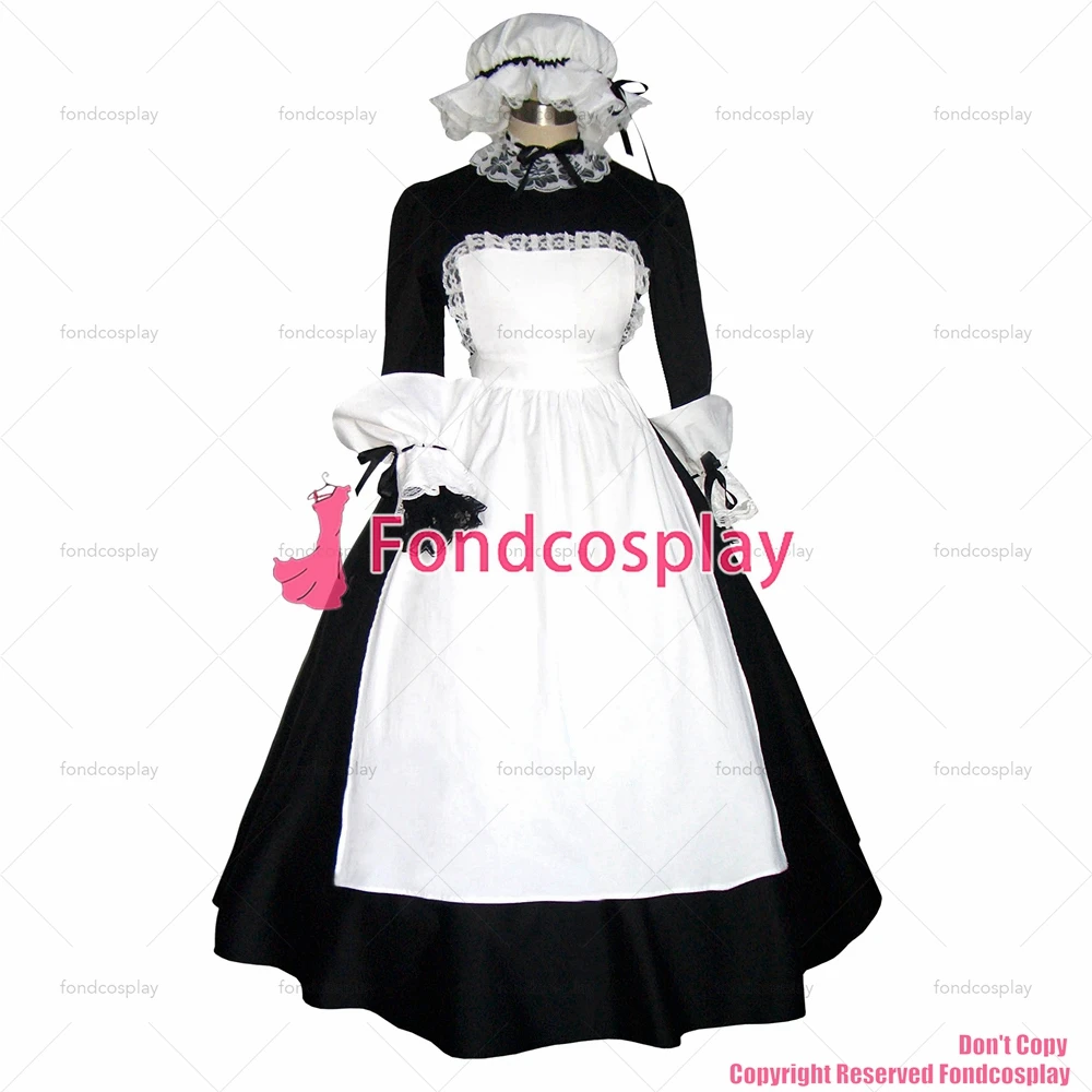 fondcosplay adult sexy cross dressing sissy maid black Cotton dress lockable Uniform white apron headpiece CD/TV[G299]