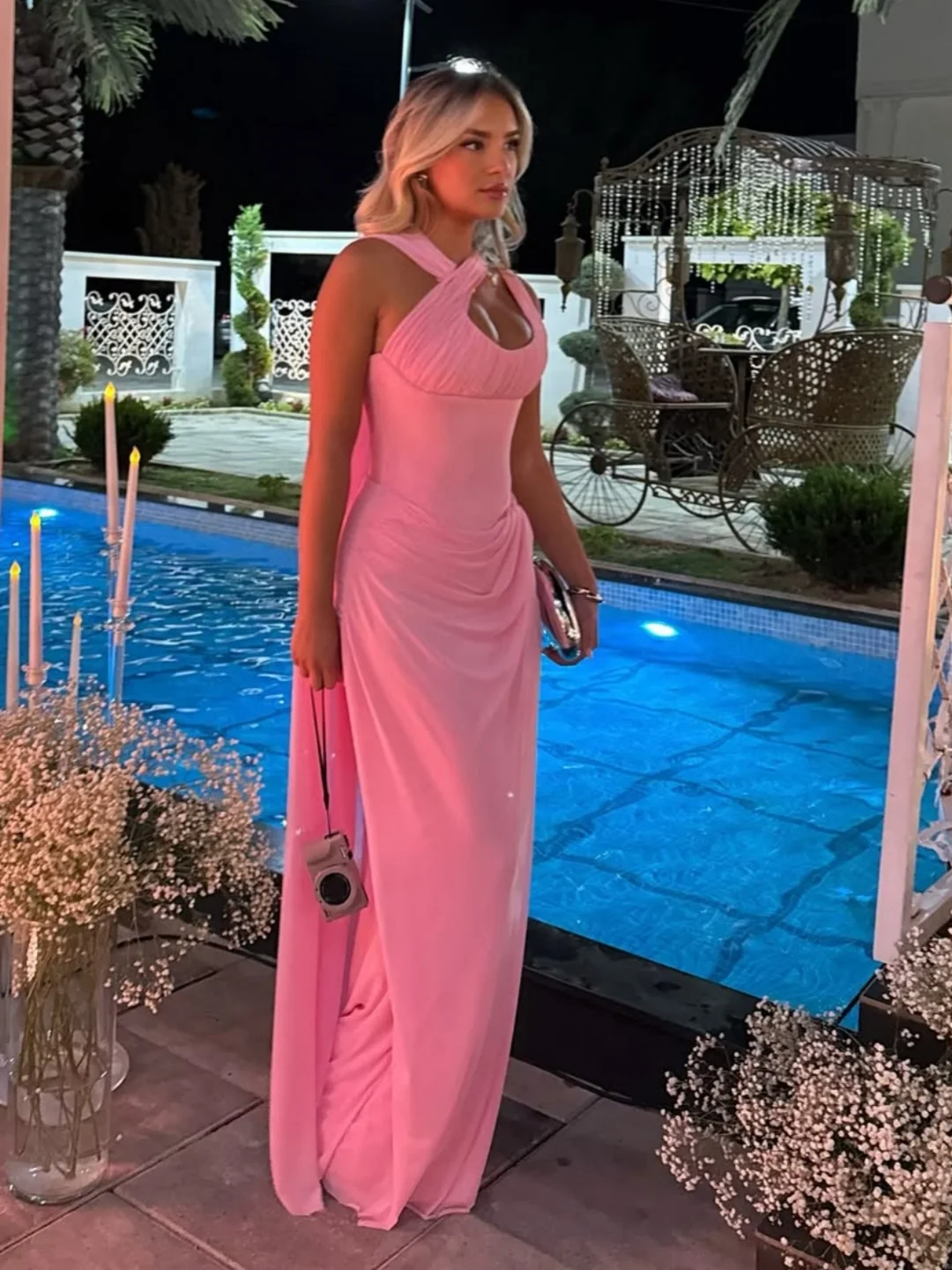 

Customized Straight Sleeveless Evening Dresses Prom Dresses Halter Neck Floor Length Pleated Side Split Party Dresses for Women