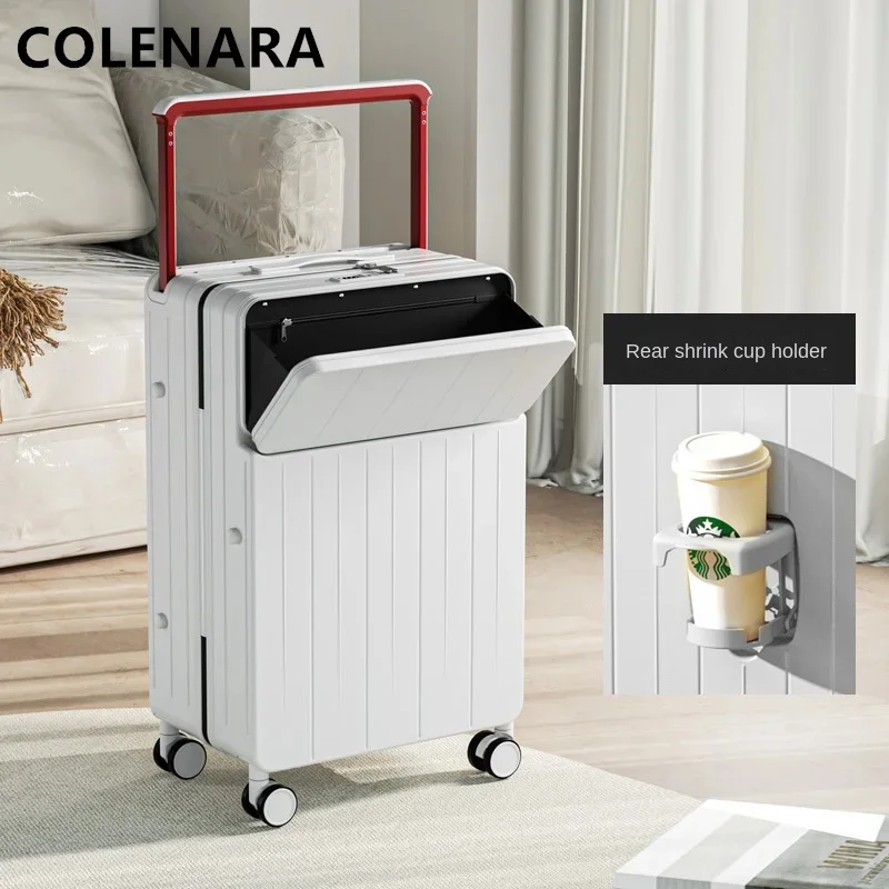 COLENARA Handheld Travel Suitcase 20 Inch Front Opening Laptop Boarding Box 22"24"26 "PC Trolley Case with Cup Holders Luggage