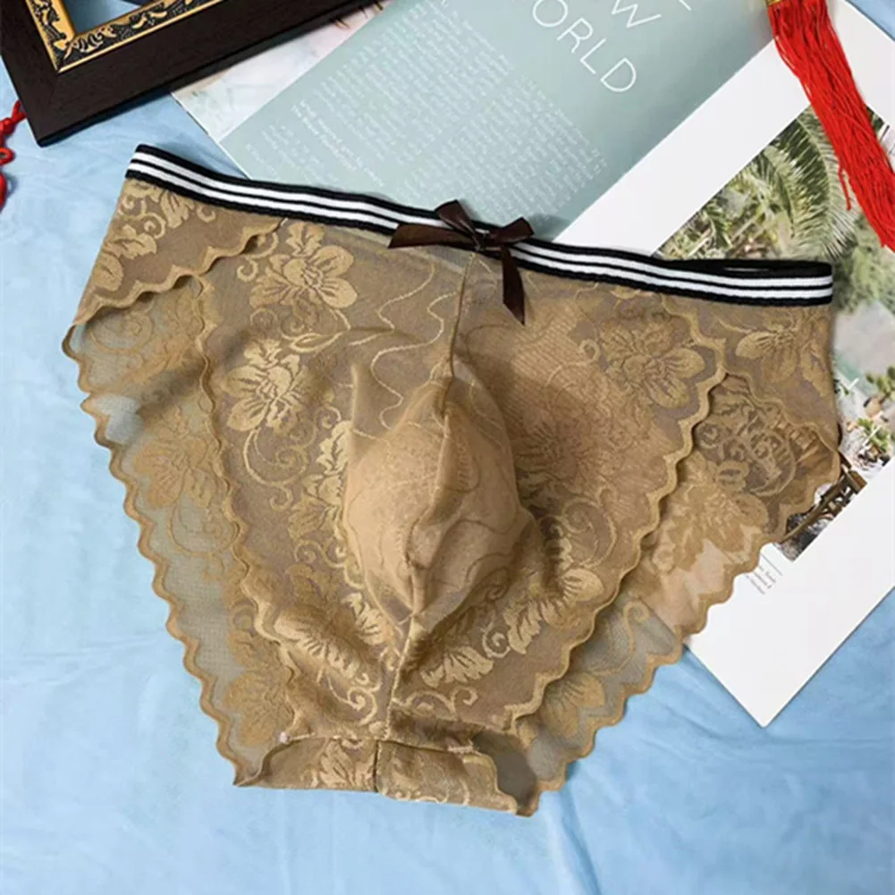 Men Stripe Underwear For Hot Man See Through Breathable Soft Lingerie Seamless Lace Briefs Pouch Underpant Summer Men's Panties