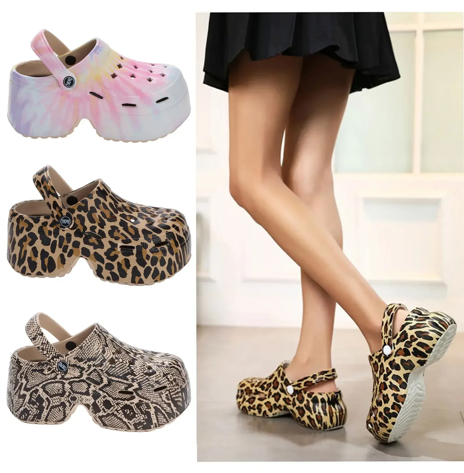 Hole Shoes Female Summer Sandal Outside Leopard Print Heightening Thick Bottom Slippers Women Beach Garden Shoes Cool Slippers