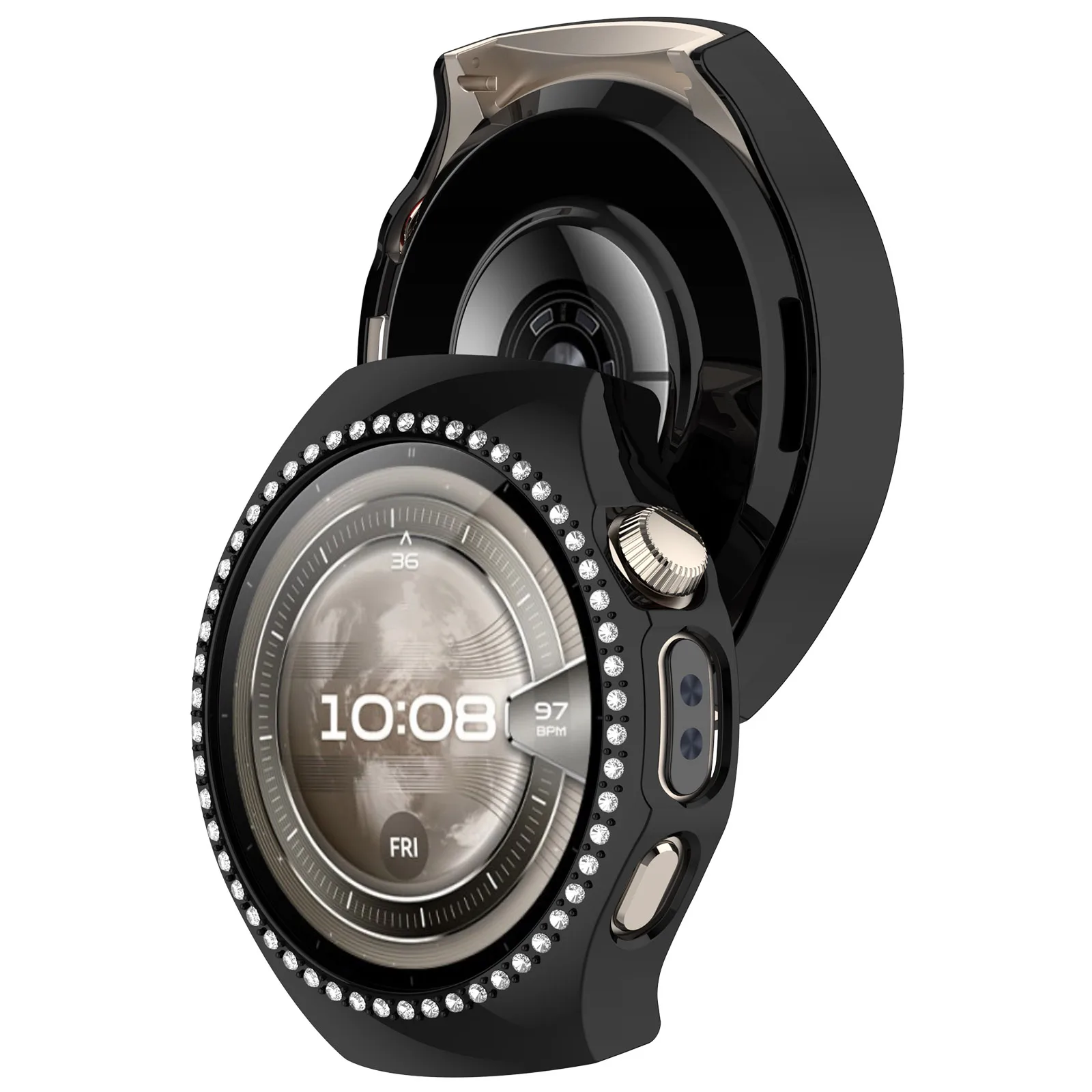 For Huawei Watch 5 42mm Watch Case Rhinestone Decor Hollow Electroplating PC Watch Cover - Black view 2