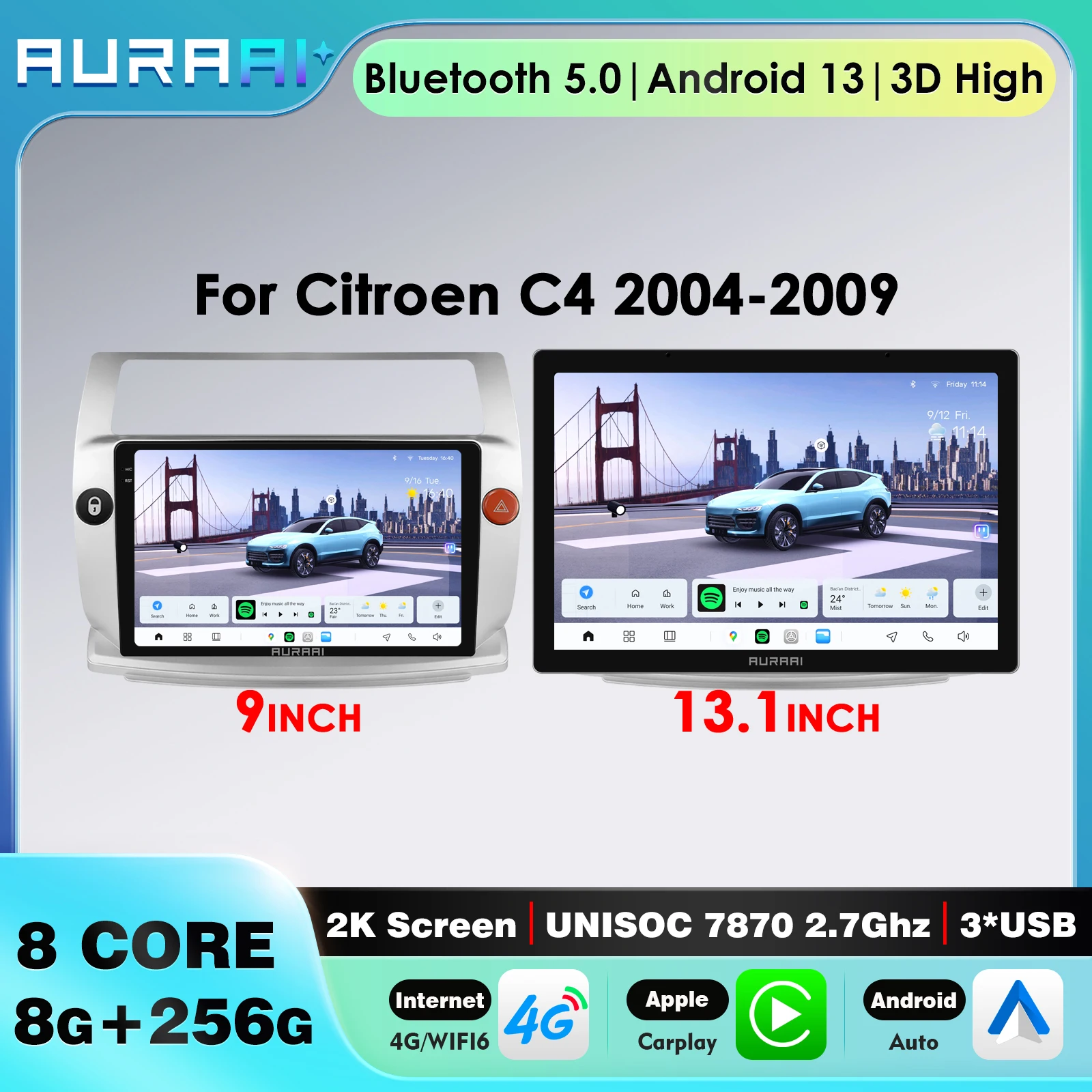 

Беспроводной CarPlay AURAAI для Citroen C4 C-Triomphe C-Quatre 2004-2009, Android 13, автомагнитола 8GB+256GB, умный автомобильный экран, ADAS 360