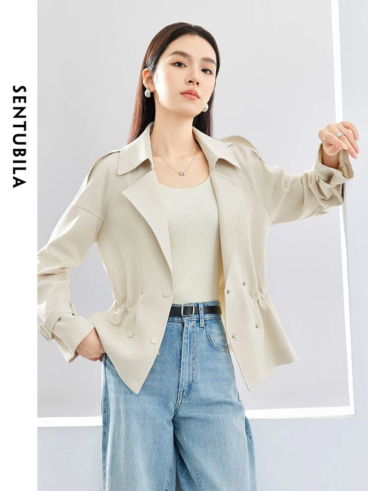 SENTUBILA Cropped Lapel Trench Coat Woman 2024 Spring Double Breasted Solid Straight Loose Short Jacket Windbreaker 141F52947