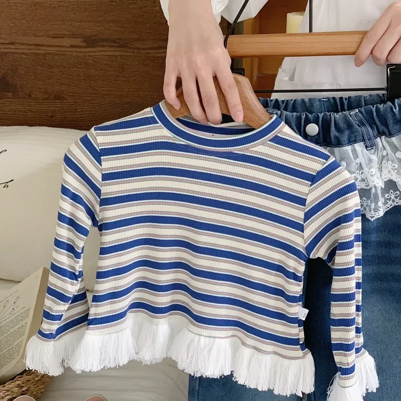 Girls Autumn Clothes 2024 Baby Girl Blue Striped Top Lace Edge Jeans Set Fashion Two Piece Set