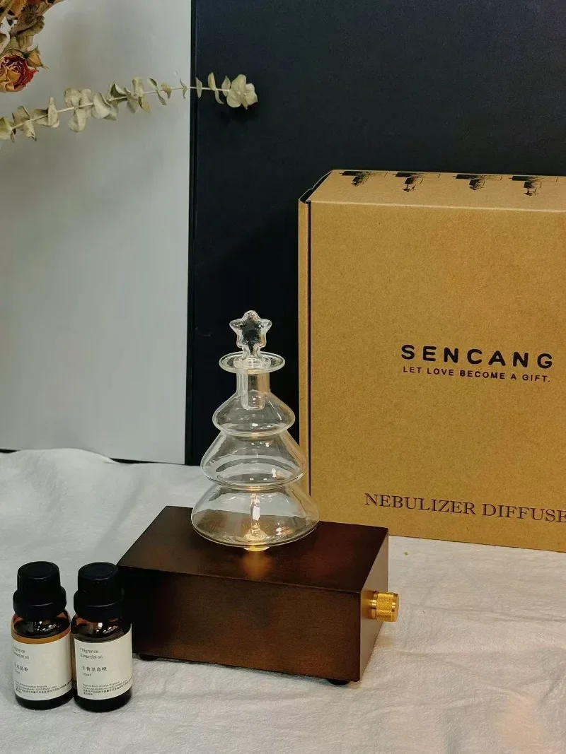 Difusor de aceite esencial de vidrio para árbol de Navidad recargable, lámpara de aromaterapia, nebulizador de 2600mah, luz nocturna aromática, fondo de madera