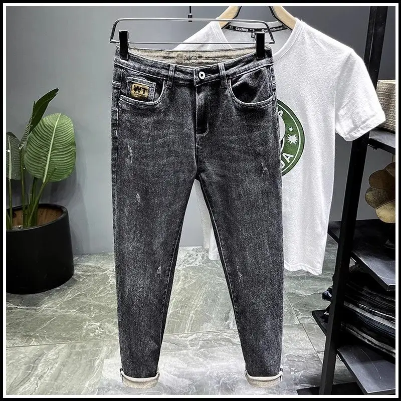 

Облегающие американские повседневные джинсы, мужские хлопковые эластичные джинсы с высокой талией, молодежные модные антимикробные джинсы полной длины, прямые брюки