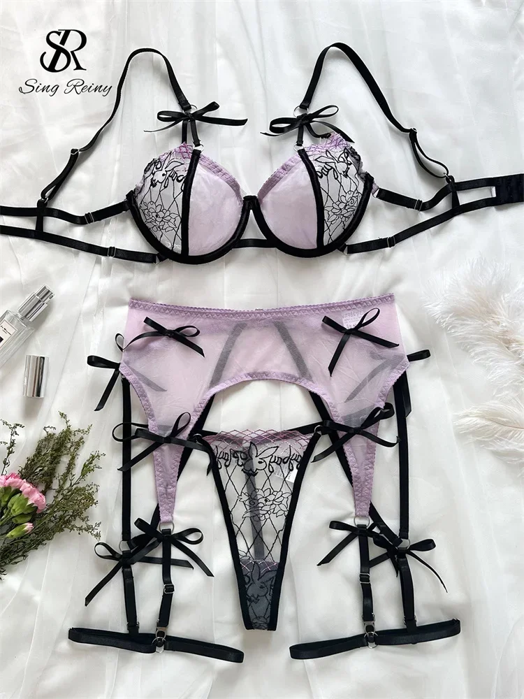 SINGREINY 女性スプライシングガーゼセクシーな下着スーツ透明スリムクラブパジャマレディース弓甘い薄手のポルノランジェリースーツ