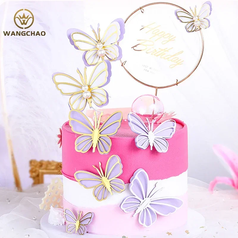 Pearl Butterfly Cake Topper Happy Birthday Romantic Wedding Baby Shower Baking  Decoration Party Favors